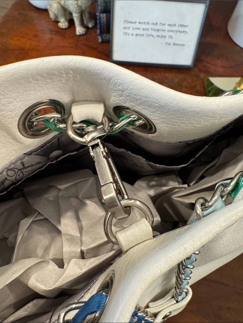 Betsey Johnson White Bucket Bag with Multicolor Chain Trim
